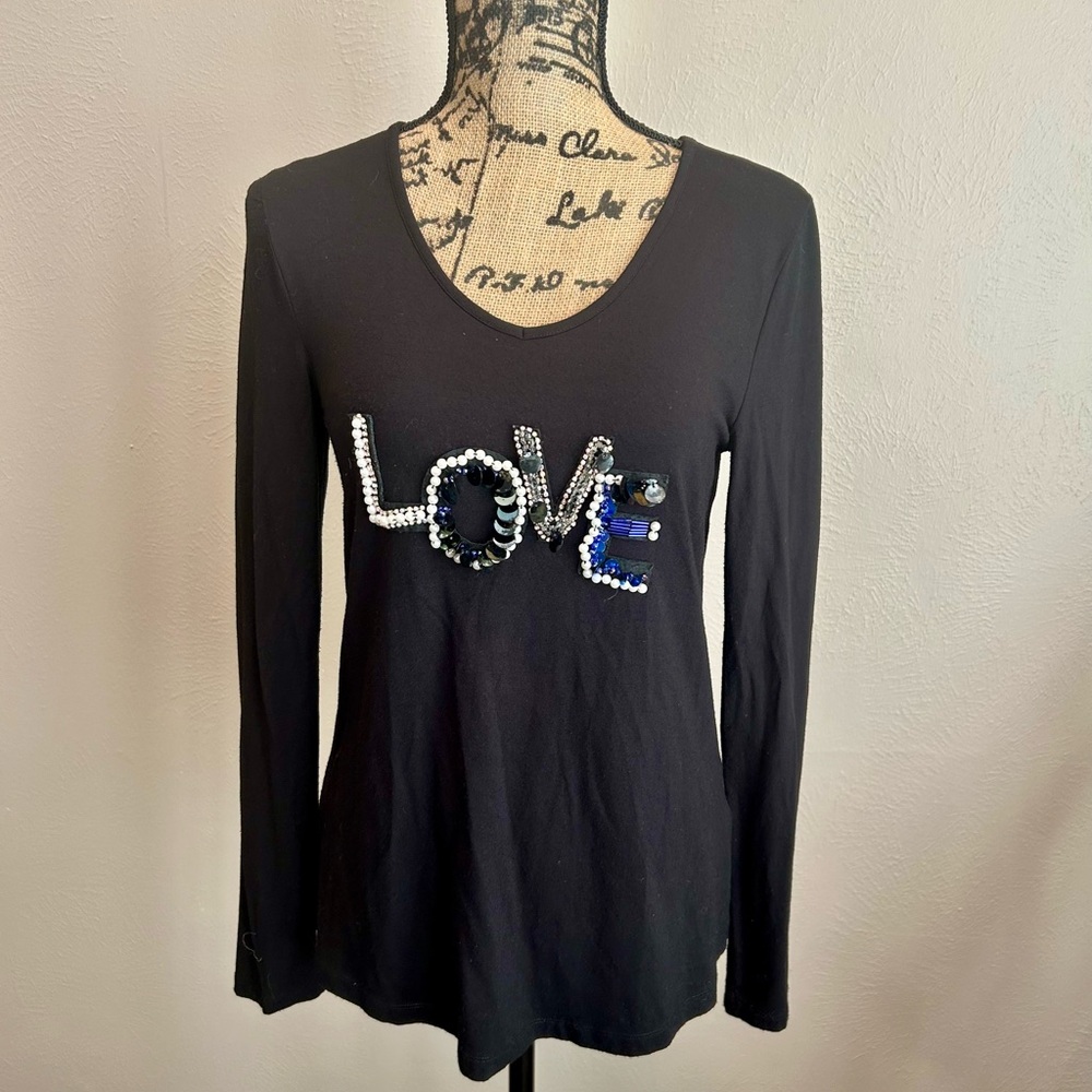 Black Long Sleeve Top with Embellished 'LOVE' Design